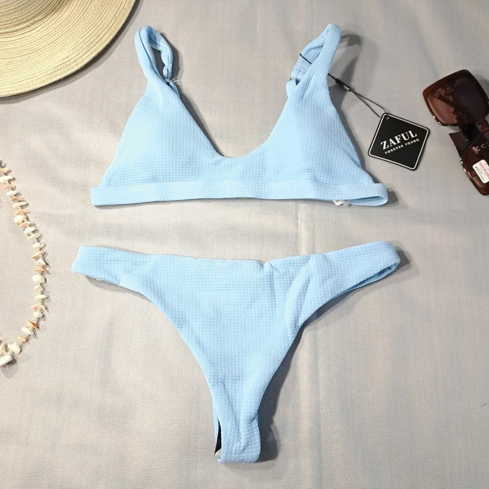Zaful Women's Two-Piece Bikini Bathing‎ Swimsuit M Baby Blue Padded Scoop Neck
